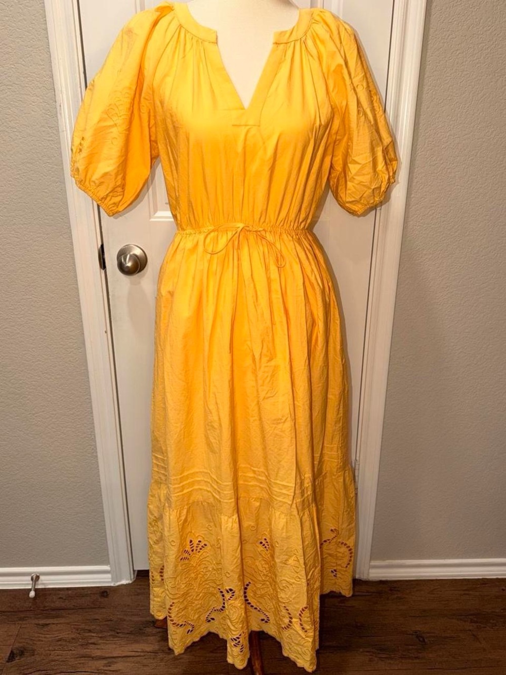 Moon River Yellow Puff-Sleeve Maxi Dress